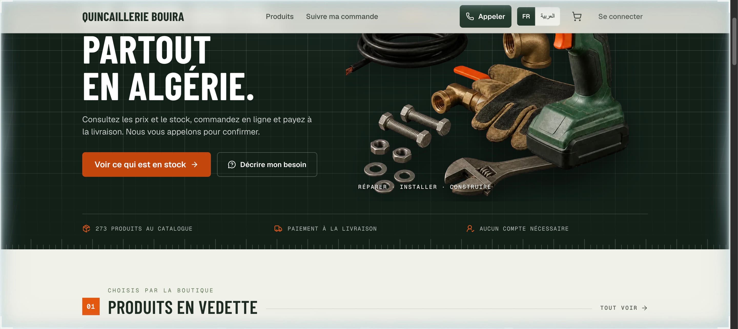 Product mockup of the Quincaillerie Bouira storefront with catalog, product pages and AI assistant